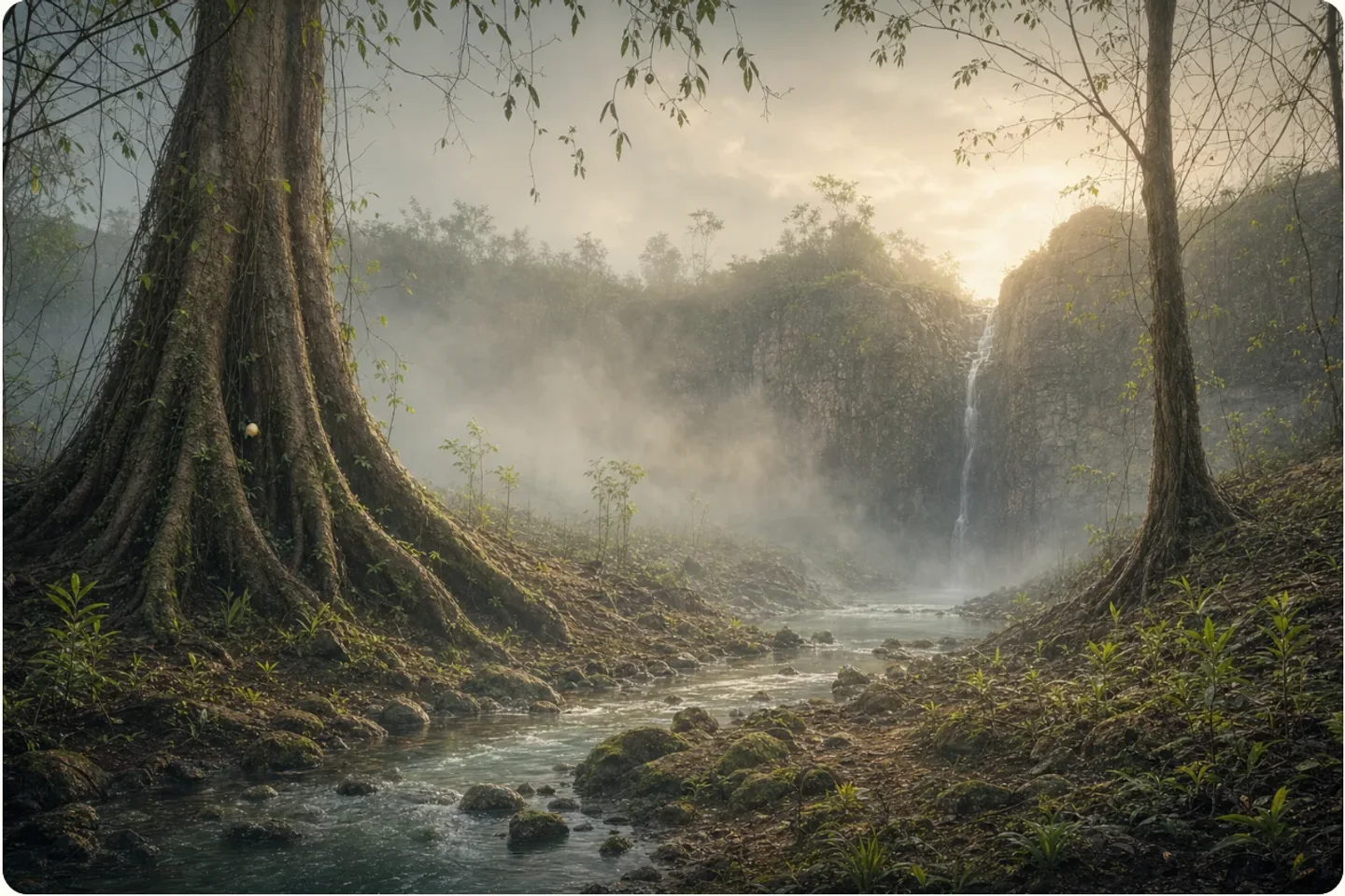Day one: a quiet misty clearing with a thin waterfall